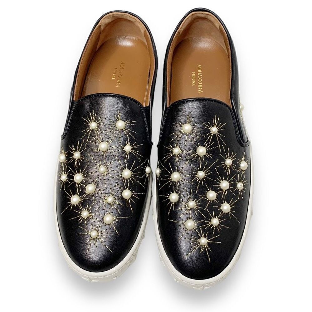 Aquazzura Cosmic Embellished Embroidered Leather Slip-On Sneakers Women’s Siz 37